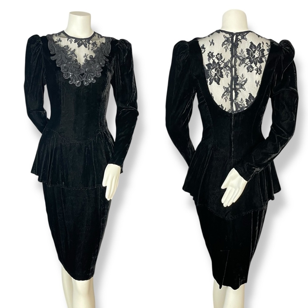 Vintage Scott McClintock Velvet Dress Lace Sequins Peplum 80s 90s Drama Formal
